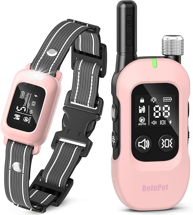 Delupet 2-in-1 Dog Bark & Training Collar – 4500FT Shock Collar with Remote Control, Automatic Anti-Barking E Collar with IPX8 Waterproof & LED Light for Small Medium Large Dog (Pink)