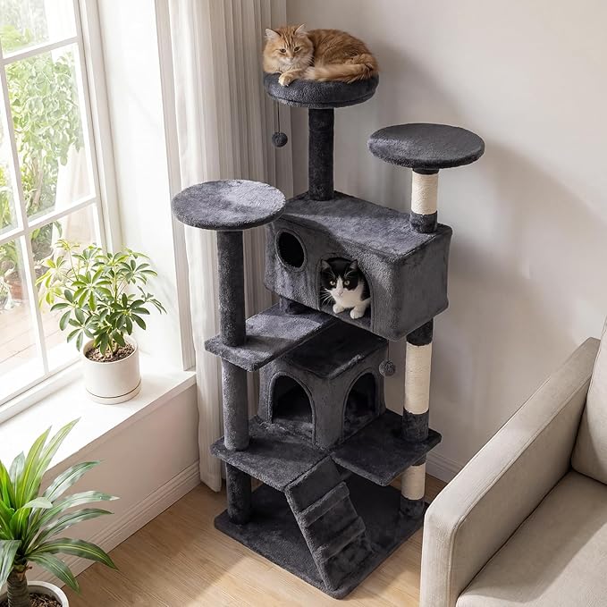 Tangkula Cat Tree Tower, 52 Inch Multi-Level Cat Tower with Sisal Scratching Posts, Cushioned Top Perch, Large Dual Condos & Ladder, 2 Hanging Balls, Jumping Platforms for Indoor Cats (Dark Gray)