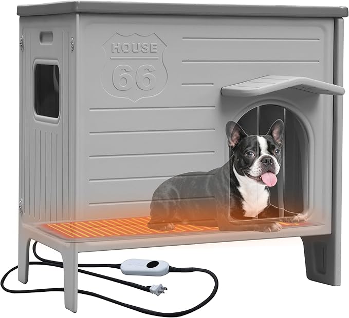 Heated Dog House Outdoor,Weatherpoof Plastic Dog House for Medium and Small Dogs(26.7" L x 26.7" W x 21.4" H) - Grey