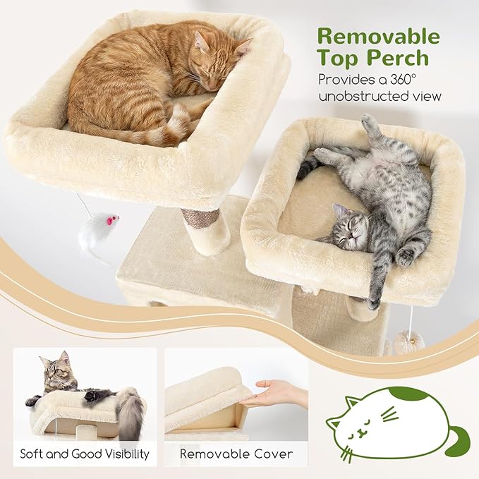 Globlazer Cat Tree Tall, 71 inches Cat Tower for Indoor Adult Cats Multi-Level 3 Condos for Indoor Cats XL Cat Tree Tower with Scratching Posts, Soft Extra Large Hanging Basket, F71, Beige