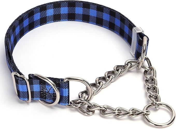 Martingale Dog Collar with Chain, No Pull Slip Cinch Choker Choke Collar Training Escape Proof Heavy Duty Dog Collar for Medium Large Extra Large Pet Dogs,Blue Plaid XL
