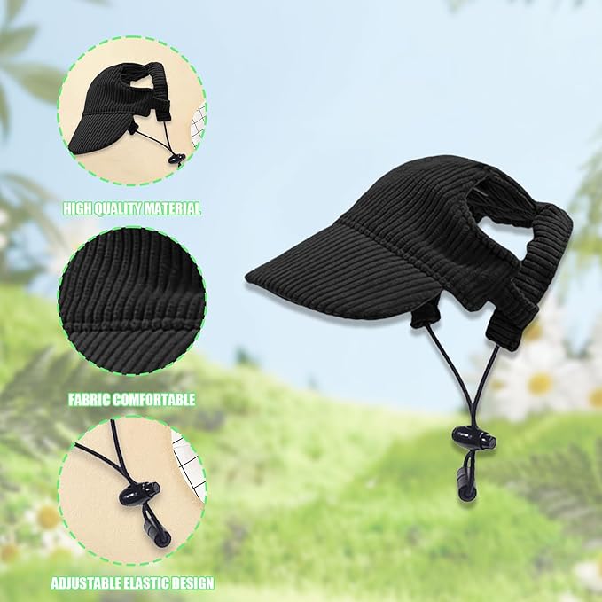 Dog Baseball Cap, Dog Cat Summer Beach Visor Hat with Ear Holes, Adjustable Puppy Sunbonnet Headdress (Black, X-Large)
