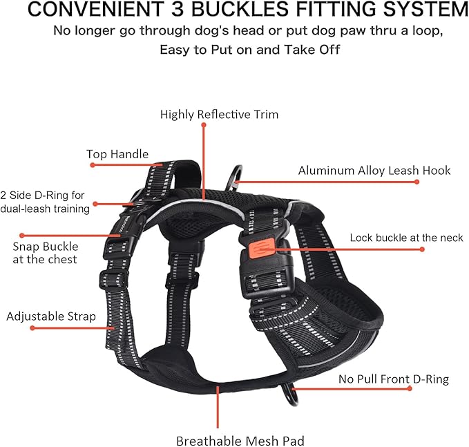 Petmolico No Pull Dog Harness and Leash Set, No Choke 4 Leash Attchments Easy Control Handle Soft Padded Reflective Vest Dog Harness for Small Dog Breed, Black Small