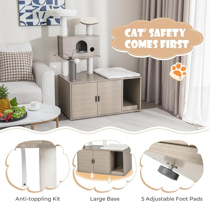 PETSITE Cat Tree with Litter Box Enclosure, 2-in-1 Modern Cat Tower with Condos, Top Perch, Sisal Posts, Scratching Board, Platform, Dangling Balls, Hidden Litter Box with Cat Tree (52 Inches Tall)