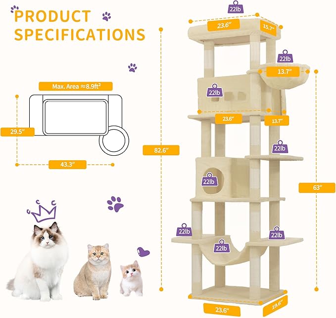 Cat Tree, 82.6" Large Cat Tower for Indoor Cats, Multi-Level Cat House with Condo, 8 Scratching Posts, Hammock, 4 Pom Poms, Beige MS21018YL
