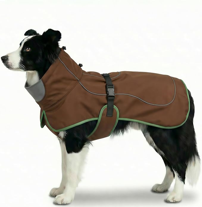Softshell Dog Winter Vest, Fleece Lined Water-Repellent Jacket with Fur-Safe Buckle (No Hook & Loop) for Hiking, Adjustable Reflective Winter Coat for Active Dogs (Brown, Large)