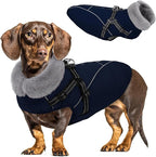 Queenmore Dog Jackets for Large Dogs, Dog Coat with Harness Built in,Waterproof Dogs Coats with Zipper On Back,Warm Fleece Lining Cold Weather Pet Coats with Furry Collar for Labrador,NavyBlue,L