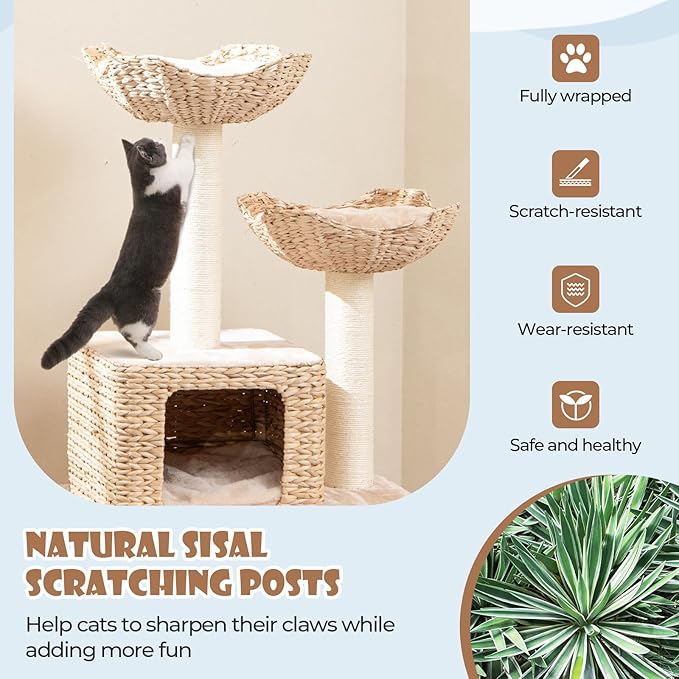 Tangkula Modern Cat Tree, 48 Inch Multi-Level Cat Tower with Sisal Scratching Posts, Cattail Fluff Condo & 2 Perches and Climbing Ladder, Aesthetic Cat Tree with Washable Cushions for Indoor Cats