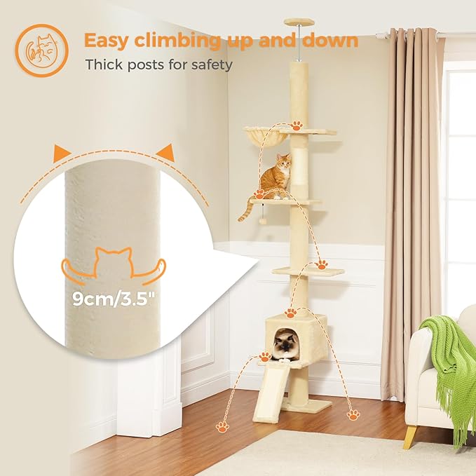 PETEPELA Floor to Ceiling Cat Tree, Cat Tower 5 Tiers Tall (83-108 Inches) Adjustable Height, Cat Climbing Tree Featuring with Condo, Scratching Post and Perches for Indoor Cats, Beige
