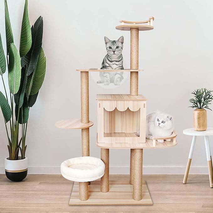 Cat Furniture, Modern Cat Tree, Modern Wood Cat Tower Tree, Wood Color Cat Tree Branch for Cat(52inch)