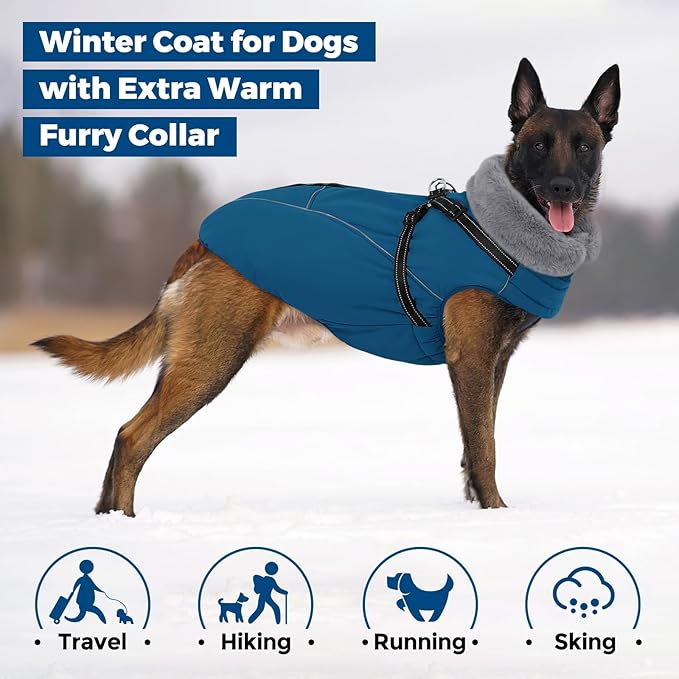 Queenmore Dog Jackets for Large Dogs,Dog Coat with Harness Built in,Dog Coats for Large Dogs,Waterproof Doggy Coat with Zipper On Back,Warm Fleece Lining Cold Pet Coats with Furry Collar,Blue,XL