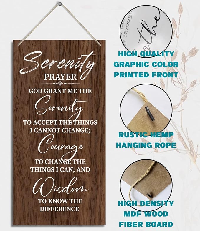 Serenity Prayer Wooden Decor Sign, God Grant Me The Serenity Wall Decor Sign, Hanging Printed Wooden Plaque Decor, Rustic Family Signs for Home Decor, Christian Gift 12x 6inch