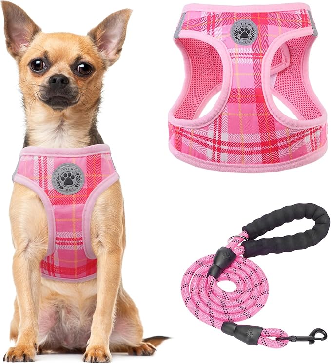 BEAUTYZOO Small Dog Harness and Leash Set, Step in No Choke No Pull Soft Mesh Dog Harnesses Reflective for Small Medium Puppy Dogs and Cats, Plaid Dog Vest Harness for S M Pets, Light Pink XS
