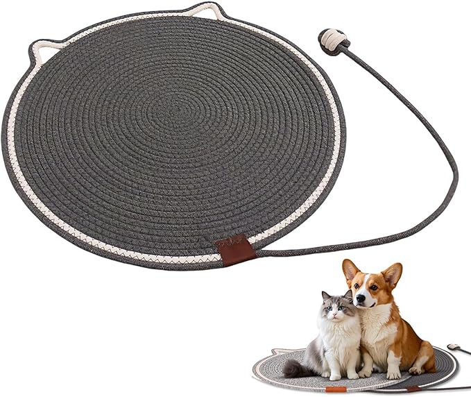 Handmade Woven Cat Scratcher Mat, 16.9"/19.7" Natural Cotton Rope Cat Scratching Pad for Indoor Cats, Non-Slip Flat Scratch Pad, Soft Durable Cat Lounging Mat with Ball Toy (Gray,19.7 in)