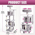 Cat Tree, 72in 8-Level Cat Tower with Sisal Scratching Post, Soft Top Platfomm, Basket, 2 Hidden Cat Condo, Balls, Space Saving Cat Condo, Indoor Pet Play House for 5 Cats, Light Grey