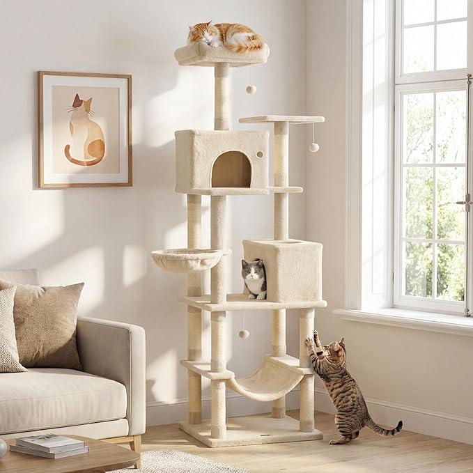 PETSITE 80-inch Tall Modern Cat Tree, Multi-Level Cat Tower with 2 Comfy Condos, Sisal Scratching Posts, Side Basket, Snug Hammock, and Dangling Balls, Ideal for Indoor Cats and Kittens (Beige)