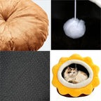 Cat Beds for Indoor Cats - Sun flower-shaped Cat Cave Bed with Hanging Toy,Super Soft Calming Pet Bed for Kitten&puppy,Small Dog,Warm Plush&Machine Washable&Removable Cotton Pad,cat Hideaway(Brown L)