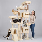 Globlazer 82" Extra Large Cat Tree for Big Cats, Heavy Duty Cat Tree for Multi-Cat Household, Maine Coon Cat Tree with 3 Condos, 2 Hammocks, 3 Perches & Scratching Board, S82D, Beige