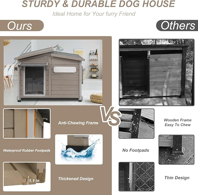 PetsCosset Wooden Dog House Outdoor, Anti-Chewing Iron Frame Dog Kennel Outside, Weatherproof Outside Shelter Pet House for Small, Medium, and Large Dogs with Elevated Floor (Grey, 34" L*22" W*27" H)