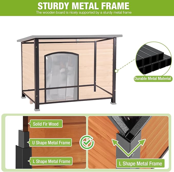 GUTINNEEN Large Heated Dog House Outdoor Dog House Insulated Weatherproof Dog Kennel with Safe Heating Pad, Thermal Liner, Chew-Proof Metal Frame for Medium to Large Dog Breeds, 33.5" L×22" D×25.2" H
