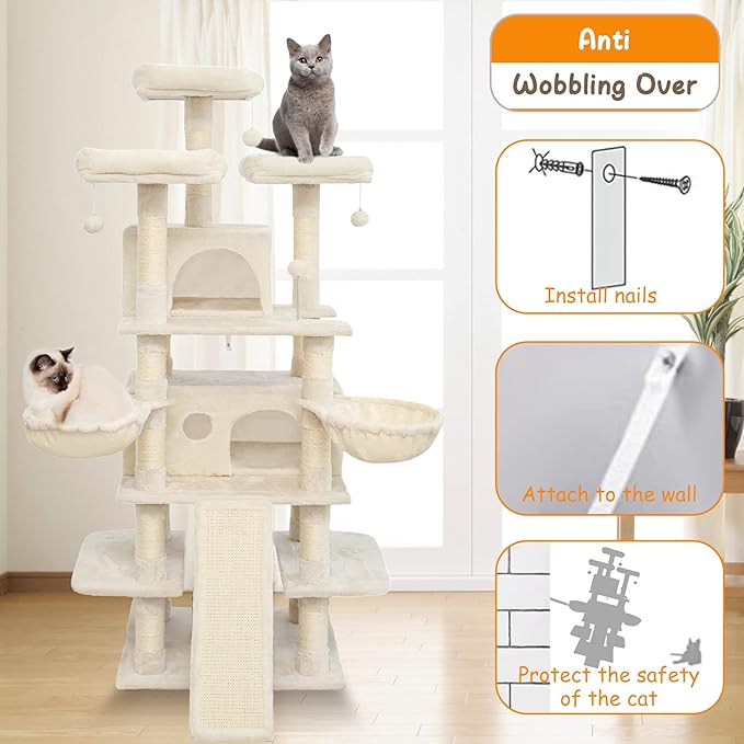 Go Pet Club 68 Inches Multi-Level Big Cat Tree, Tower with Sisal Scratching Posts, Hanging Basket & Comfortable Perches for Large Cats