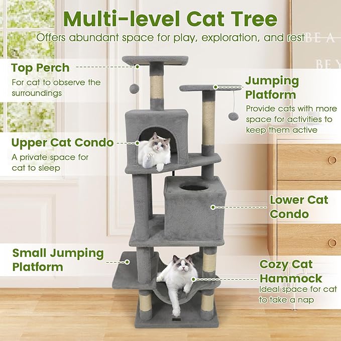 PETSITE 57-inch Modern Cat Tree, Multi-Level Cat Tower with 2 Comfy Condos, Sisal Scratching Posts, Plush Top Perch, Snug Hammock, and Dangling Balls, Ideal for Indoor Cats and Kittens (Grey)