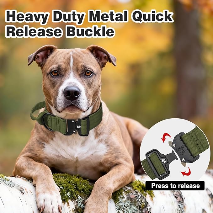 Joytale Tactical Dog Collar for Large Dogs with Control Handle, Heavy Duty Military Training Collar for Power Breeds, AirTag Holder Case, Quick Release Metal Buckle, Soft Padded, L, Army Green