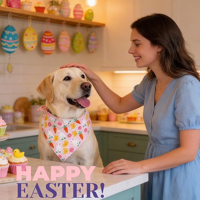 Dog Bandana for Easter Day - Lovely Bunny Carrot Chicken & Daisy Flower Theme, Holiday Pet Costumes Scarf with Adjustable Snap Button, Large to Giant Breeds (75lbs+)