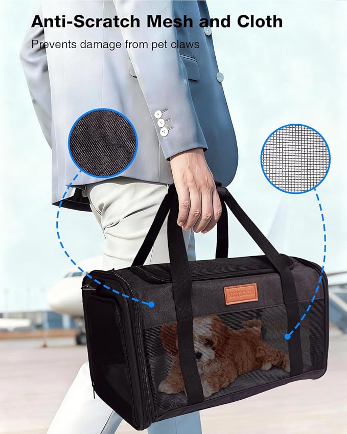 Pet Carrier Airline Approved 17x11x9.5 in - Underseat, Top & Side Entry Soft Dog Cat Travel Carrier with Safety Zippers ＆ Anti-Scratch Mesh for Small Cat and Dog for Pets Up to 10 Lb - Black
