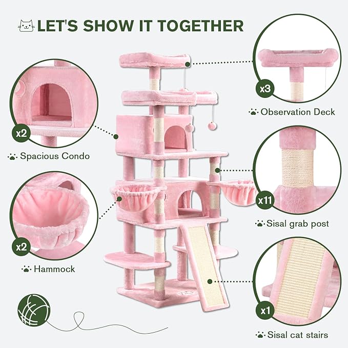 MUTICOR 68 Inches Multi-Level Large Cat Tree Tower with Condo/Cozy Plush Perches/Sisal Scratching Posts and Hammocks/‌Feline Activity Center Play House/Wide Base/Pink