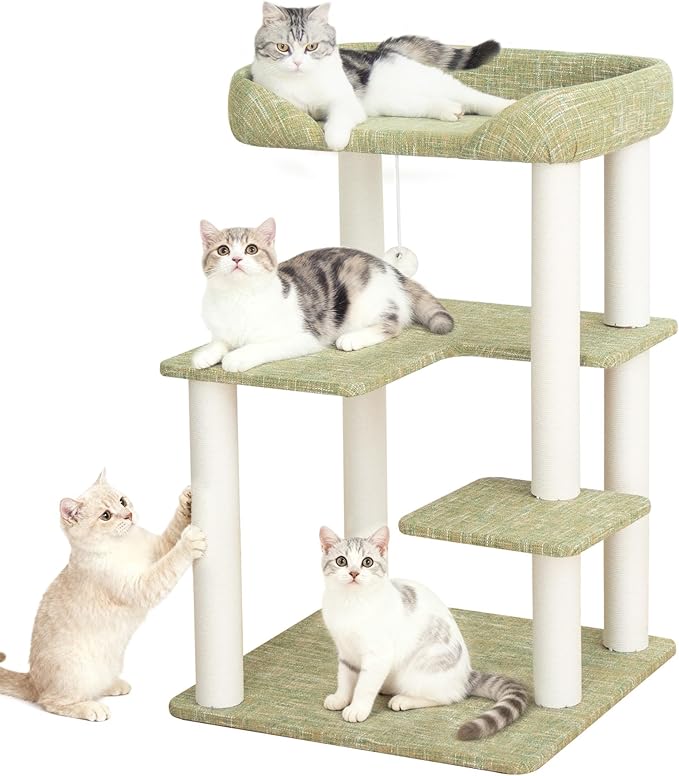 Cat Tree Tower 37.4'' (95 cm) with Scratching Posts,Multi-Level Cat Tree Tower with Wide Shelves for Senior Friendly Baby/Large Cats, Scratching Posts(Olive Green)