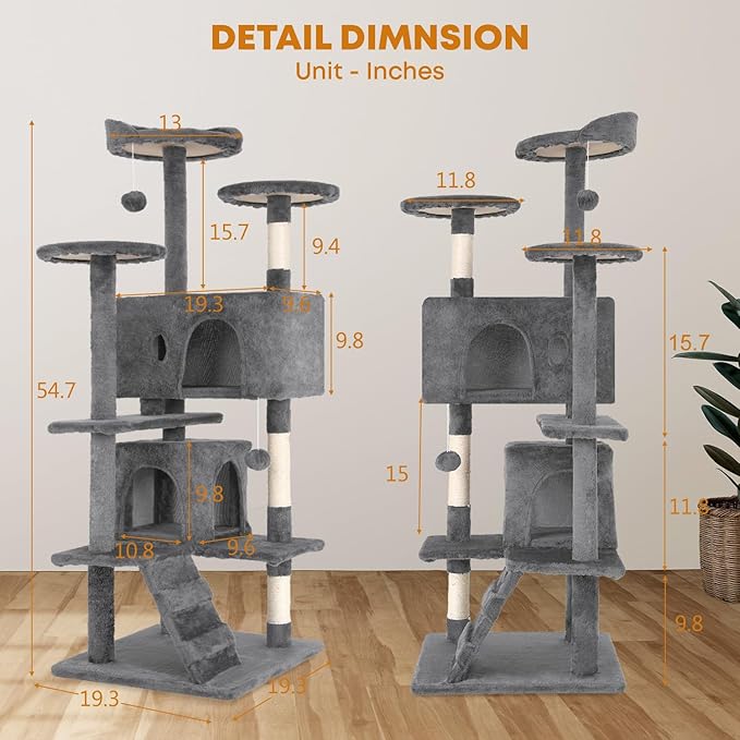 54in Cat Tree Tower for Indoor Cats, Cat Tower with Cat Scratching Post, Multi-Level Cat Furniture, Cat Tower with Funny Toys for Kittens-Light Gray