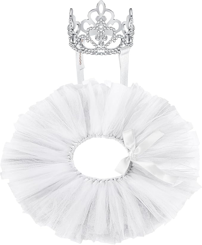 2 Pcs Dog Crown Headband Dog Tutu Dress Set Crystal Rhinestone Tiara Crown Tutu Skirt Pet Dress Costume for Puppy Birthday Party Wedding Photo Prop Costume(X-Large,White)