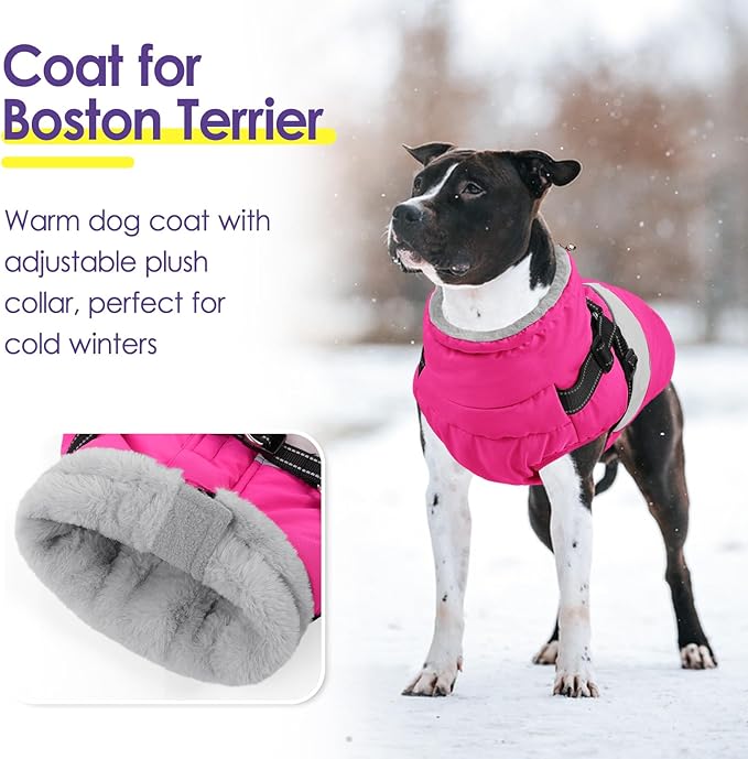 SUNFURA Dog Winter Coat, Waterproof Dog Coat Jacket with Harness for Medium Dogs Boys Girls, Reflective Fleece Lined Pet Snow Jacket Sweaters for Pug, Jack Russel, Boston Terrier, Hot Pink M