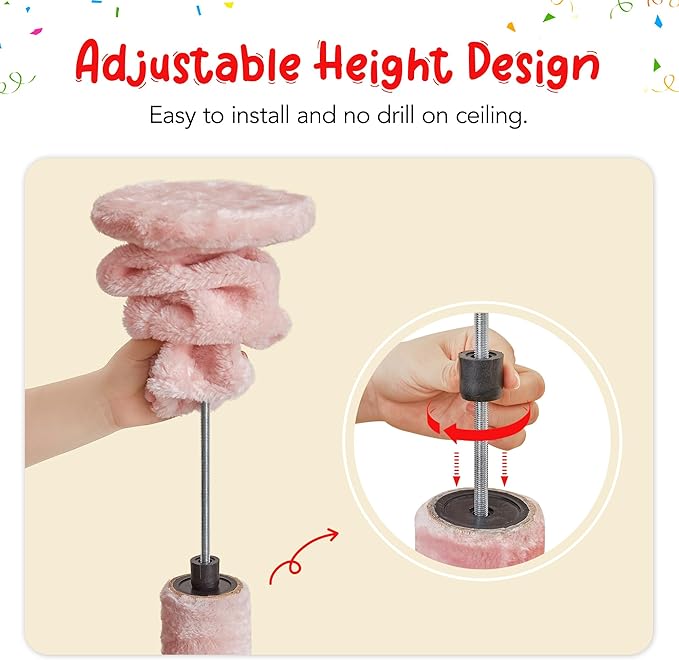 Pink Cat Tree, Floor to Ceiling Cat Tower Adjustable Height [92.9-102.4 in=235-258cm], 7 Tiers Cat Climbing Play House with Scratching Post, Cozy Condo & Hammocks for Indoor Cats