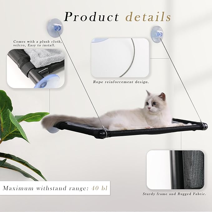 2 Pack Cat Hammock for Window Wall with 8 Suction Cups 2 Cushion Cover,Cat Window Perch, Space Saving and Easy Mounted Large Cats Bed,Pet Resting Safety Holds (Black, Medium)