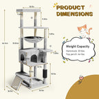 66 inches Cat Tree, Multi-Level Tall Modern Cat Tower for Indoor Large Cats Adult with Sisal Scratching Posts & Board, Padded Platforms, Hammock and Condo, Grey