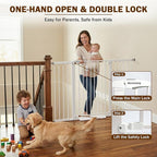 Mumeasy 29.7-57" Extra Wide Baby Gate, Auto Close Large Dog Gate for Doorways, No Drilling Pressure Mounted Pet Safety Gate for Stairs, Easy Walk Through Child Gate for Hallways, House, Indoor, White