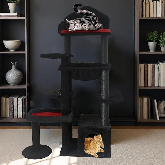 Gothic Cat Tree Tower 58" - Spooky Cat Condo with Throne Bed, Hanging Bat, Sisal Scratching Posts & Multi - Level Platforms, Elegant Black Cat Furniture for Indoor Cats