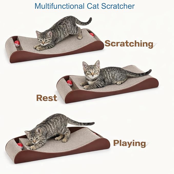 FluffyDream Cat Scratcher Cardboard, Scratching Pad House Bed Furniture Protector, Infinity Shape, Curved (Brown, Bone + Bell)