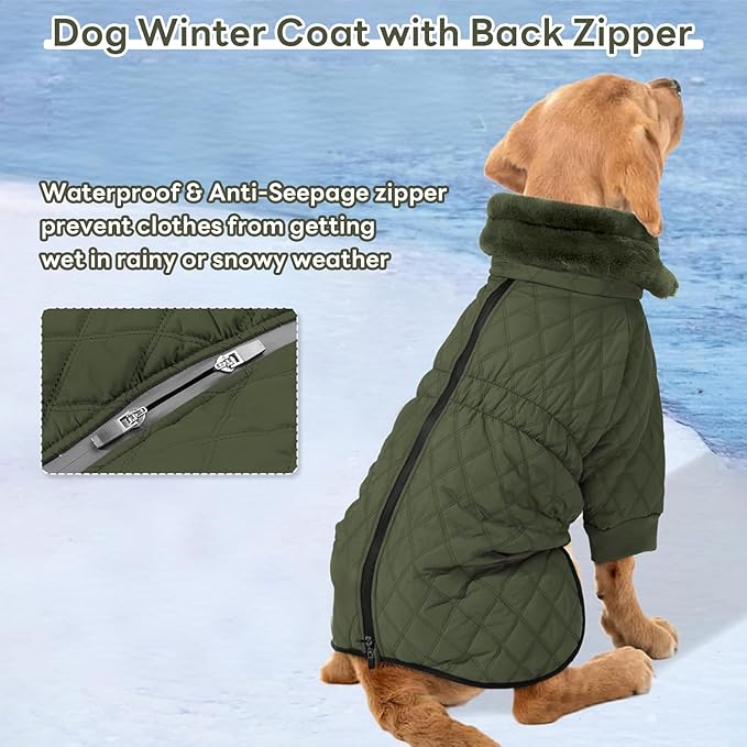 IDOMIK Dog Winter Coat for Large Dogs, Warm Dog Winter Jacket with Fleece High Collar, Zippered Cold Weather Coats for Dogs, Waterproof Doggy Snow Jacket Clothes,Green,3XL