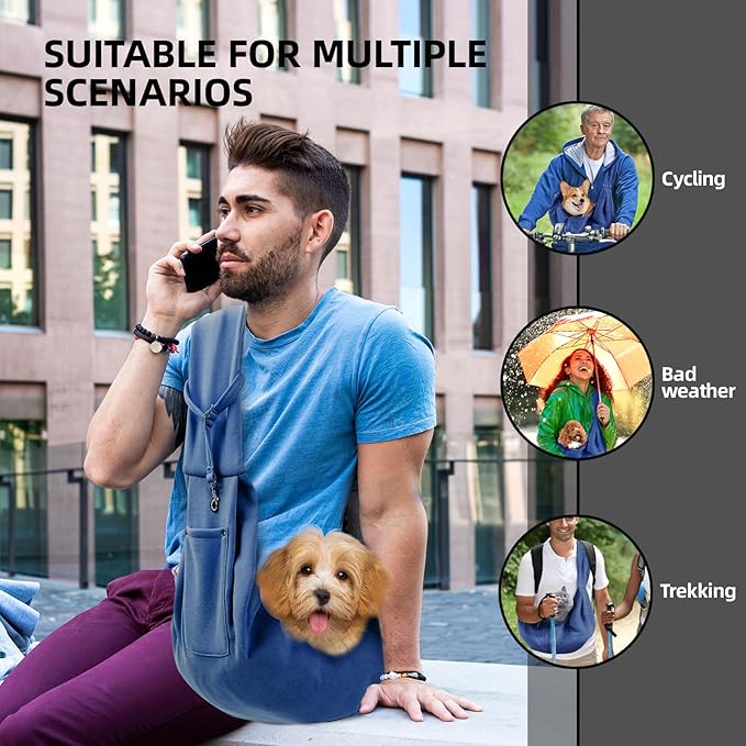 Dog Carrier Sling - Reversible Puppy Carrier Purse with Storage Pocket, Hand-Free Dog Sling Carrier for Carry Small Dogs and Cats, Travel Safety Harness, Dog and Cat Harness (Blue)