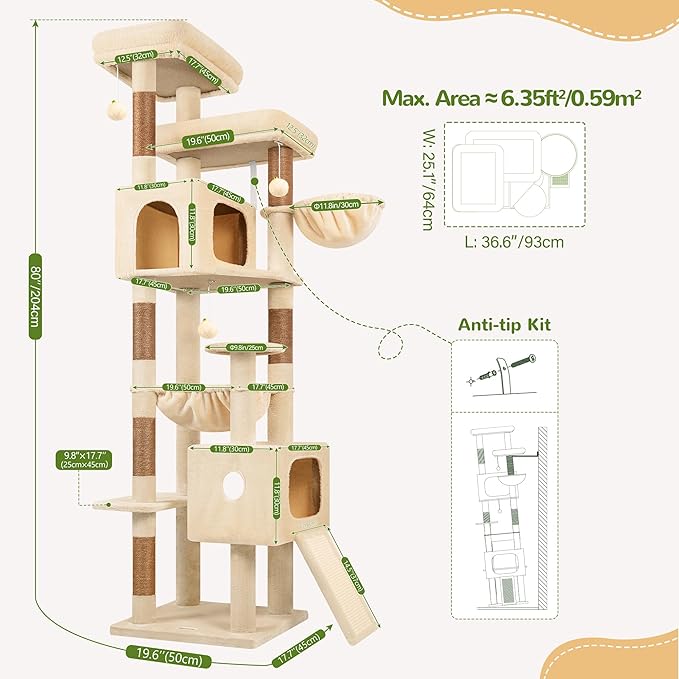 Globlazer 80 Inch Cat Tree for Large Cats, Stable Multi-Level Cat Tree with 2 Condos & Sisal Scratching Posts for 2-3 Cats, Thickened Base Space Saving Cat Tree Tower, F80G, Beige