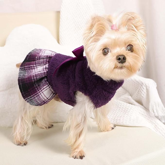 Dog Sweater Dog Winter Clothes for Small Dogs Boy Girl Fall Puppy Dress Warm Fleece Chihuahua Yorkie Teacup Doggy Sweaters Dresses Doggie Sweater for Small Dogs Girl Cat Sweaters, XS, Plaid Purple