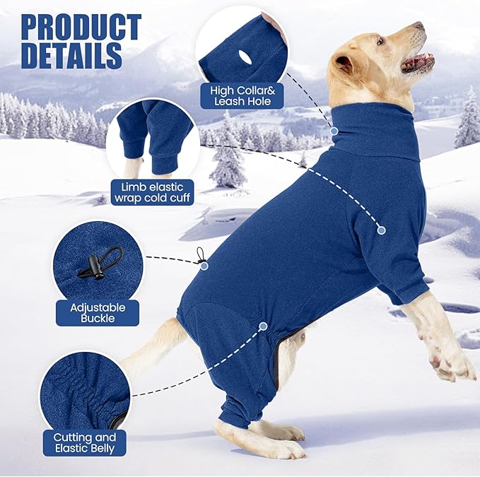 Dog Winter Coat Soft Fleece Pullover Pajamas, Fullbody Dog Cold Weather Jacket, Warm Pullover Doggie Winter Thermal 4-Legged Onesie Jumpsuit,High Collar Snowsuit Sweater for Dogs（Blue，XL
