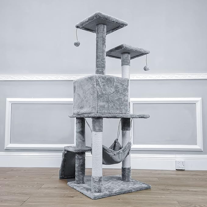 FixtureDisplays® 19.7X23X49" Cat Tree Condo Furniture with Sisal-Covered Scratching Posts, Plush Condo, 2 Platforms, Perch Hammock for Kittens, Cats and Pets Light Gray 12240-NEW