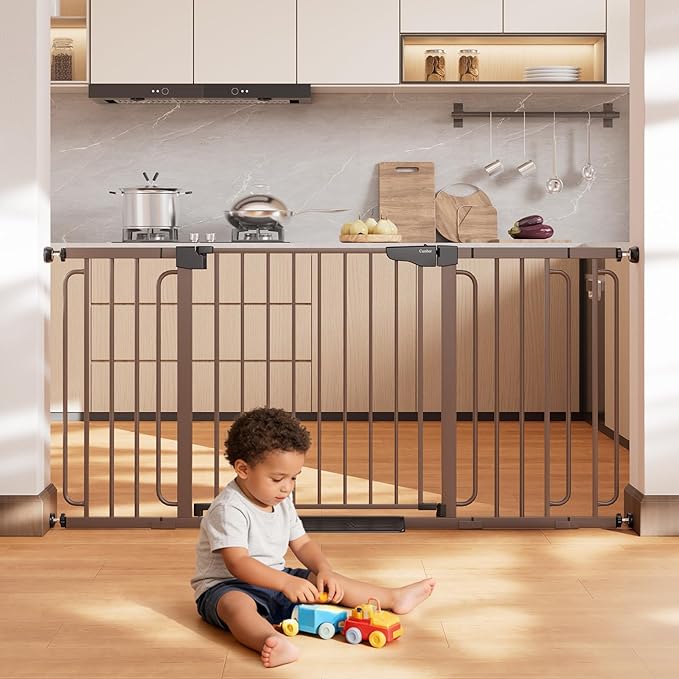 Cumbor 36.6-64" Extra Wide Baby Gate for Stairs, Dog Gates for Doorways, Auto-Close Pet Gate Indoor, Pressure Mounted Walk Through Safety Child Gate for Kids Toddler, Tall Pet Puppy Fence Gate, Brown