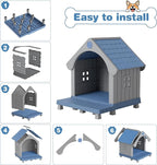 Fancyango Large Dog House Outdoor Indoor, Sturdy Plastic Waterproof Doghouse with Air Vents and Elevated Floor, Easy Clean and Assemble for Medium Large Dogs (Blue, 33" L×31.5" W×38" H)