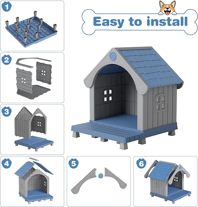 Fancyango Large Dog House Outdoor Indoor, Sturdy Plastic Waterproof Doghouse with Air Vents and Elevated Floor, Easy Clean and Assemble for Medium Large Dogs (Blue, 33" L×31.5" W×38" H)