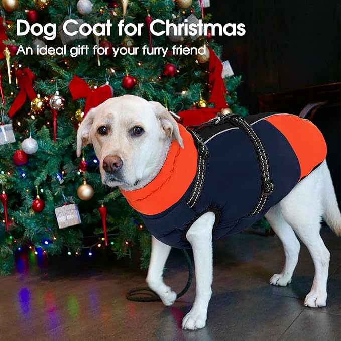 SUNFURA Large Dog Coat with Harness Built in, Warm Dog Jacket Waterproof Pet Winter Coat Snowsuit for Cold Weather, Reflective Fleece Jacket for Large Dogs, Border Collie, Blue XL